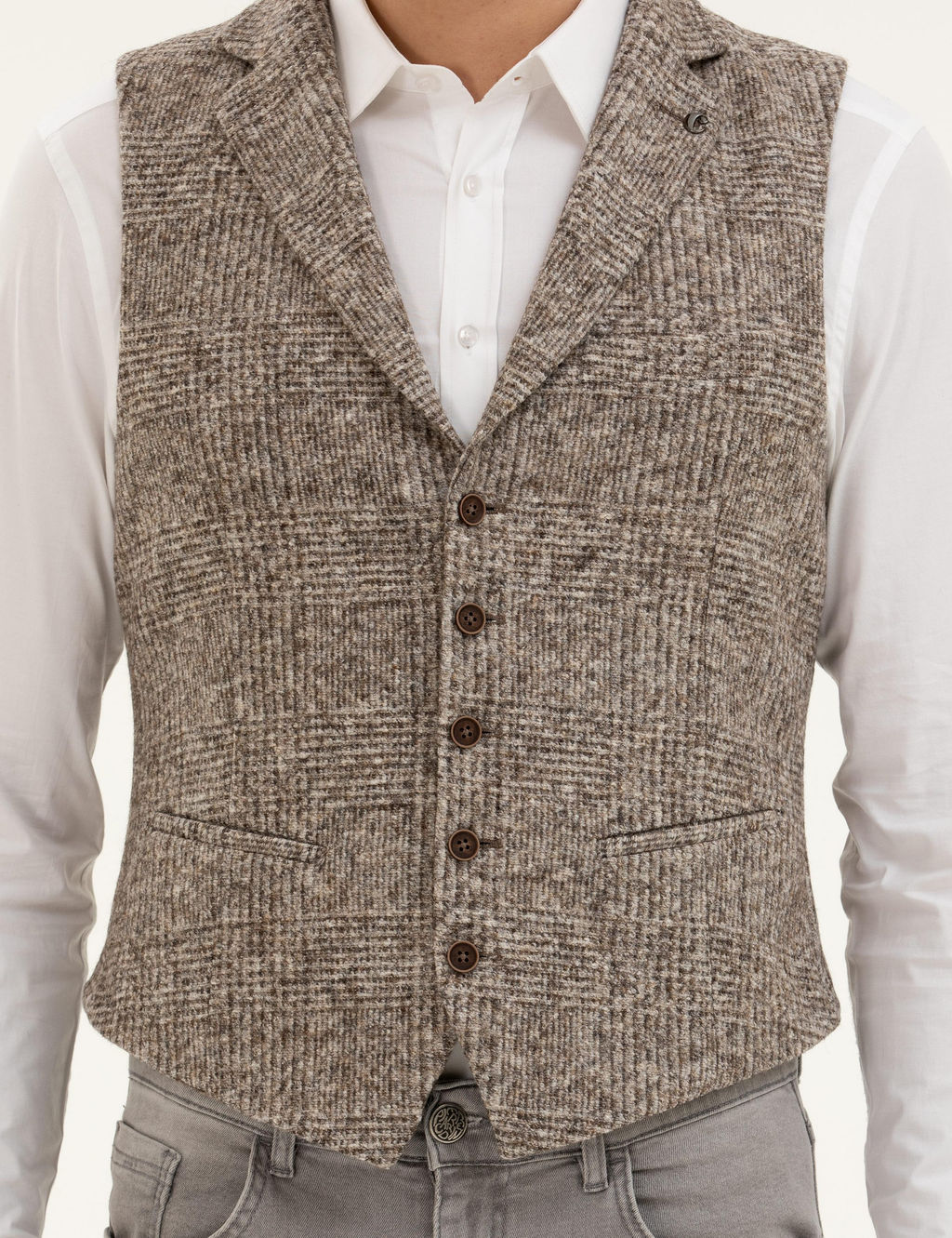 Bej Slim Fit Y_n Kar___ml_ Dokuma Yelek