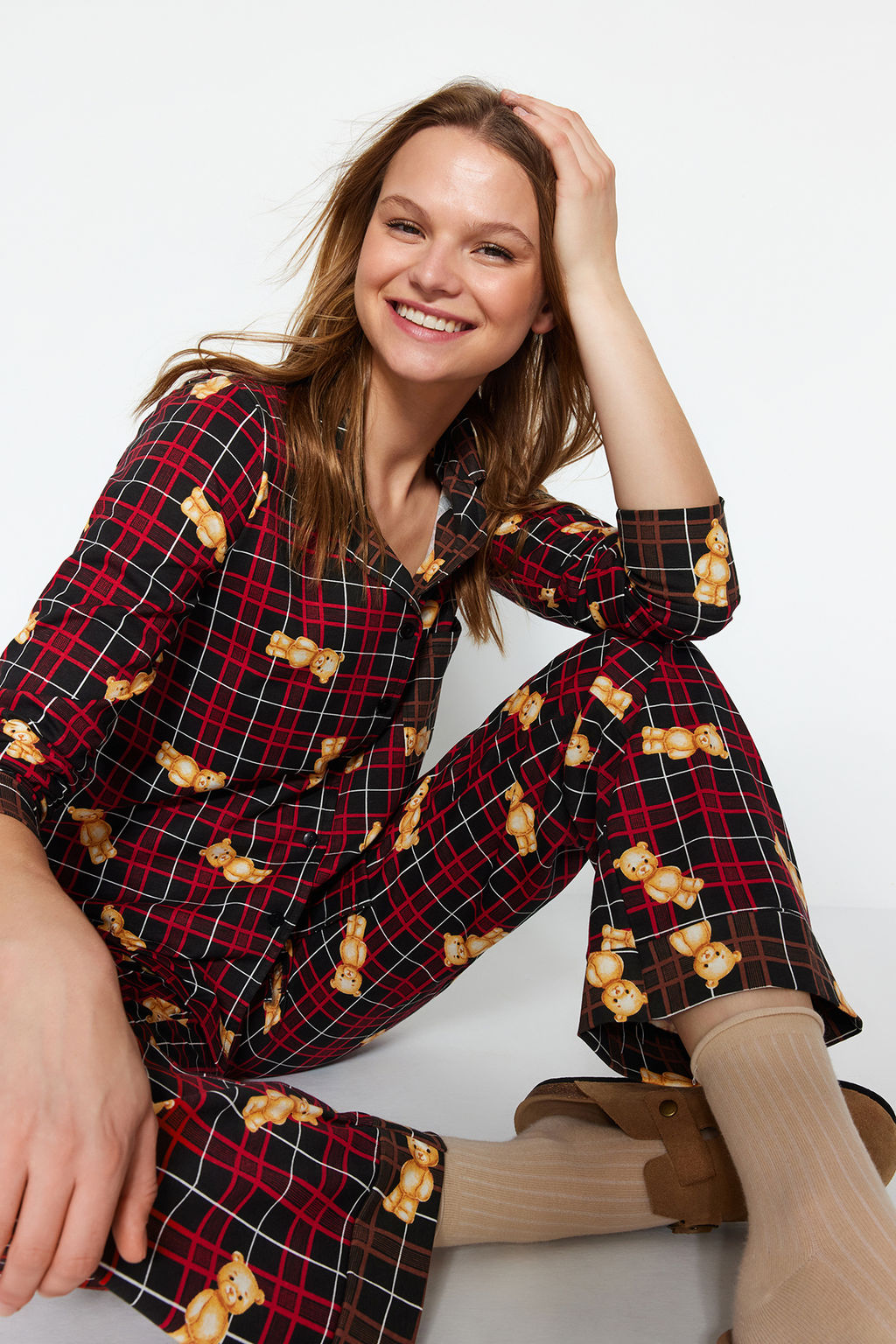 Trendyolmilla Cok Renkli %100 Pamuklu Ay?c?kl? Ekoseli Gomlek-Pantolon Orme Pijama Tak?m? THMAW24PT00104