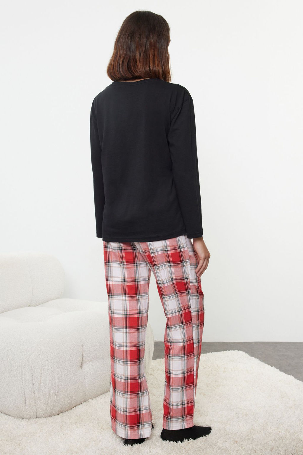 Kad?n Couple/Cift Siyah %100 Pamuklu Sloganl? ve Kalpli Ekoseli Orme Pijama Tak?m? THMAW25PT00160