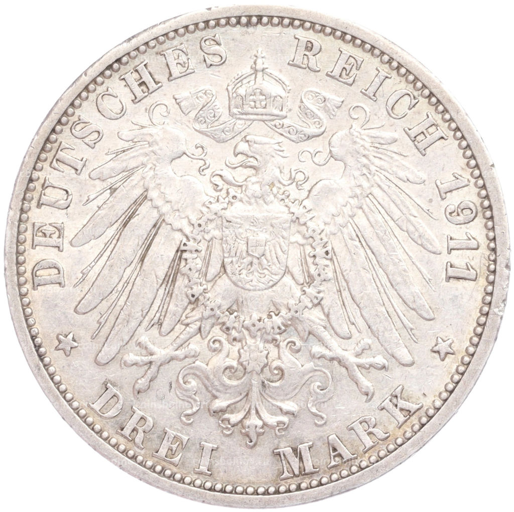 Монета 3 марки 1911 года G Германия (Баден)