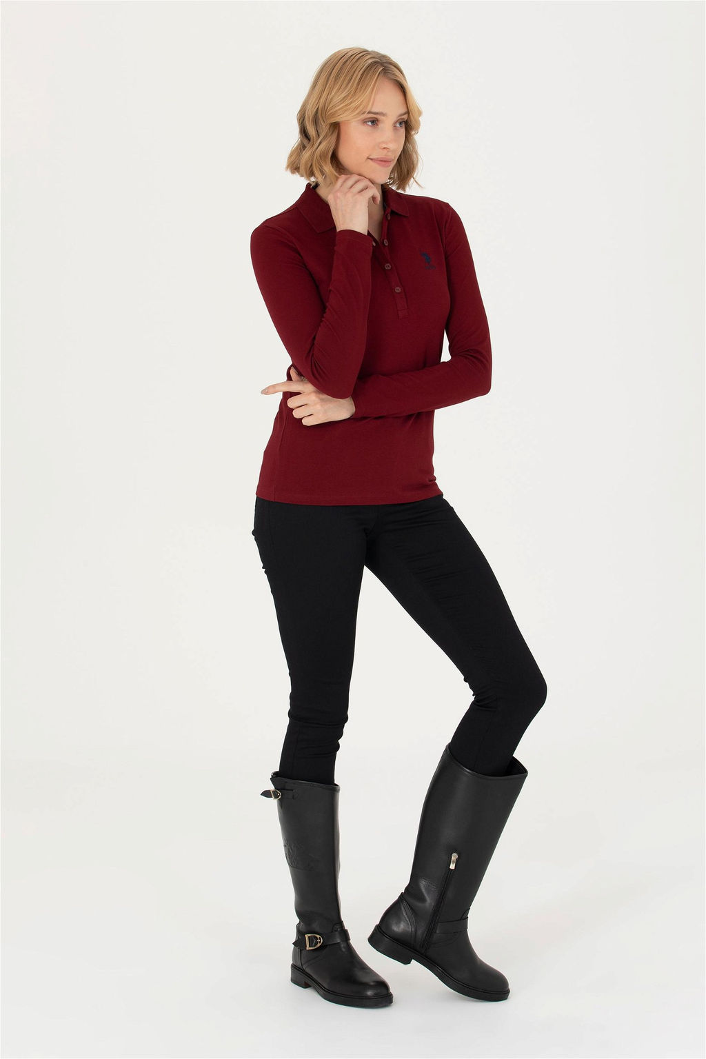 Женский бордово-красный базовый свитшот с воротником-поло Неожиданная скидка в корзине - U.s. polo assn фото 4