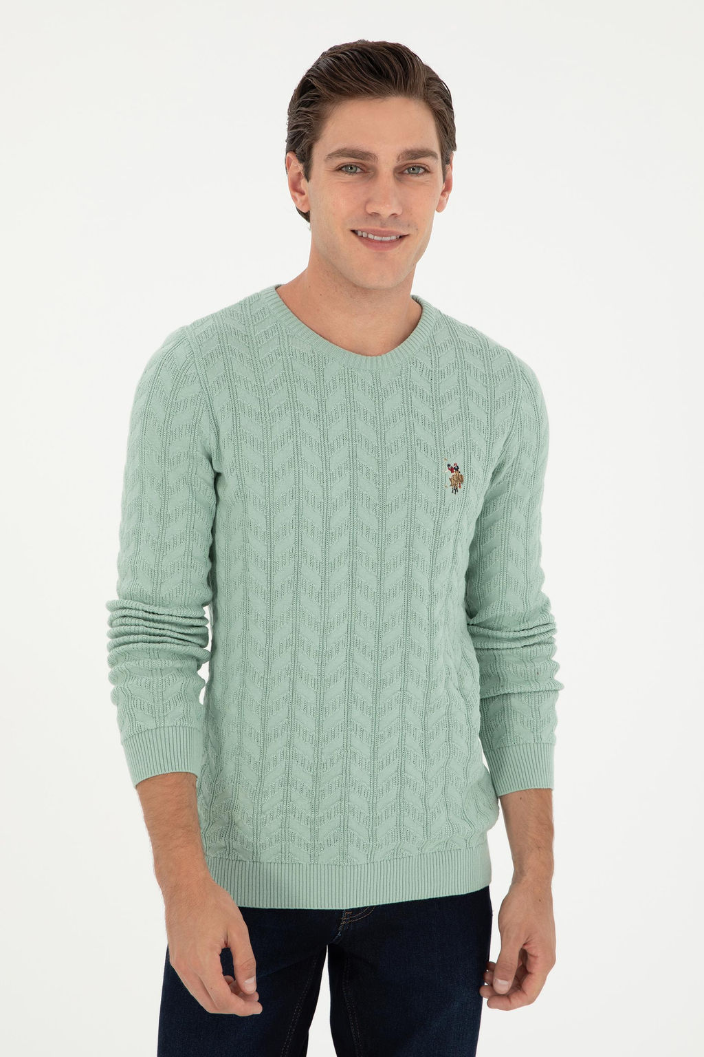 Erkek Slim Fit Bisiklet Yaka Su Ye_ili Basic Kazak