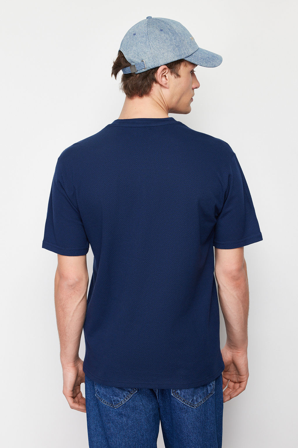 Lacivert Oversize/Genis Kesim %100 Pamuklu Triko Dokulu T-Shirt TMNSS24TS00157