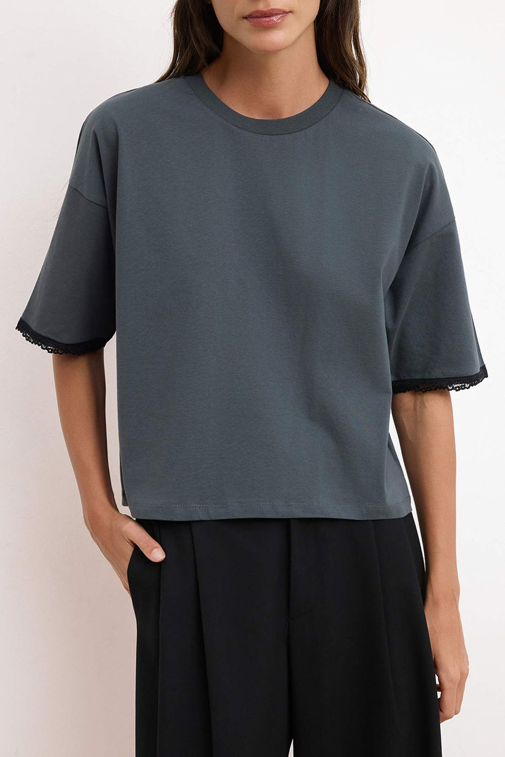 Ekru Duz Boxy Bisiklet Yaka Reglan Kol K?sa %100 Pamuk Orme T-Shirt TWOSS26TS00170 - Trendyolmilla фото 7