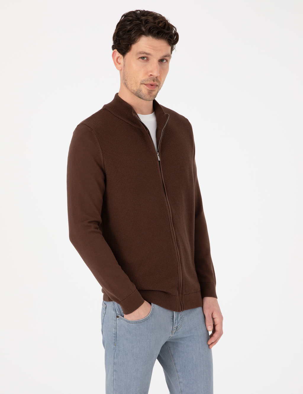 Kahverengi Slim Fit Fermuarl_ Triko H_rka