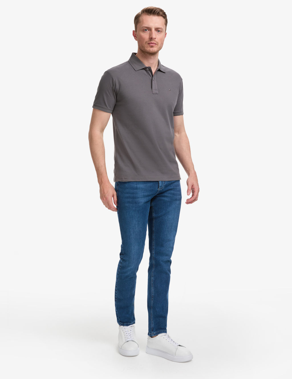 Koyu Gri Slim Fit %100 Pamuk D__meli Polo Yaka Basic Ti__rt