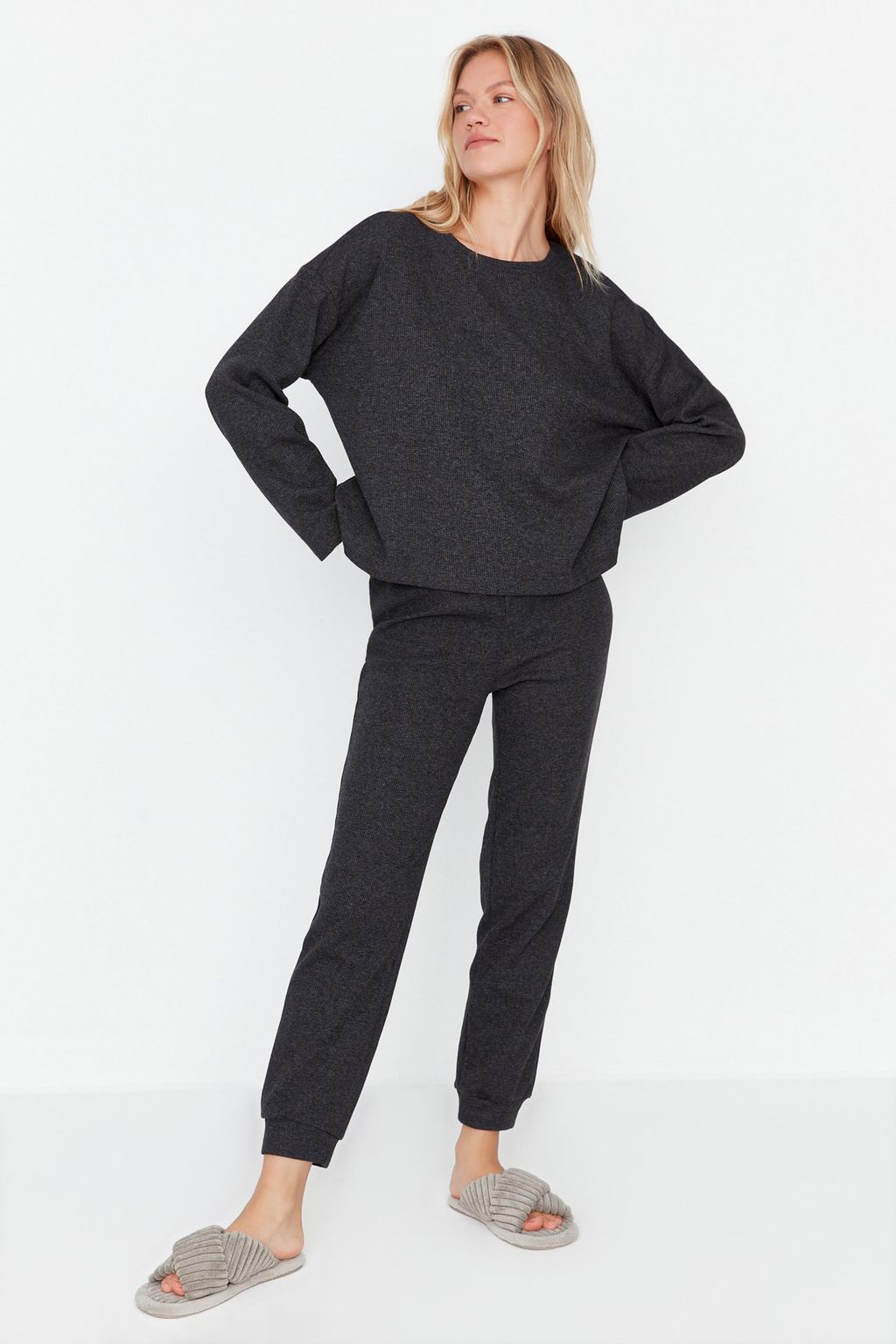 Trendyolmilla Lacivert Waffle Kumas Orme Pijama Tak?m? THMAW23PT00021  фото 11