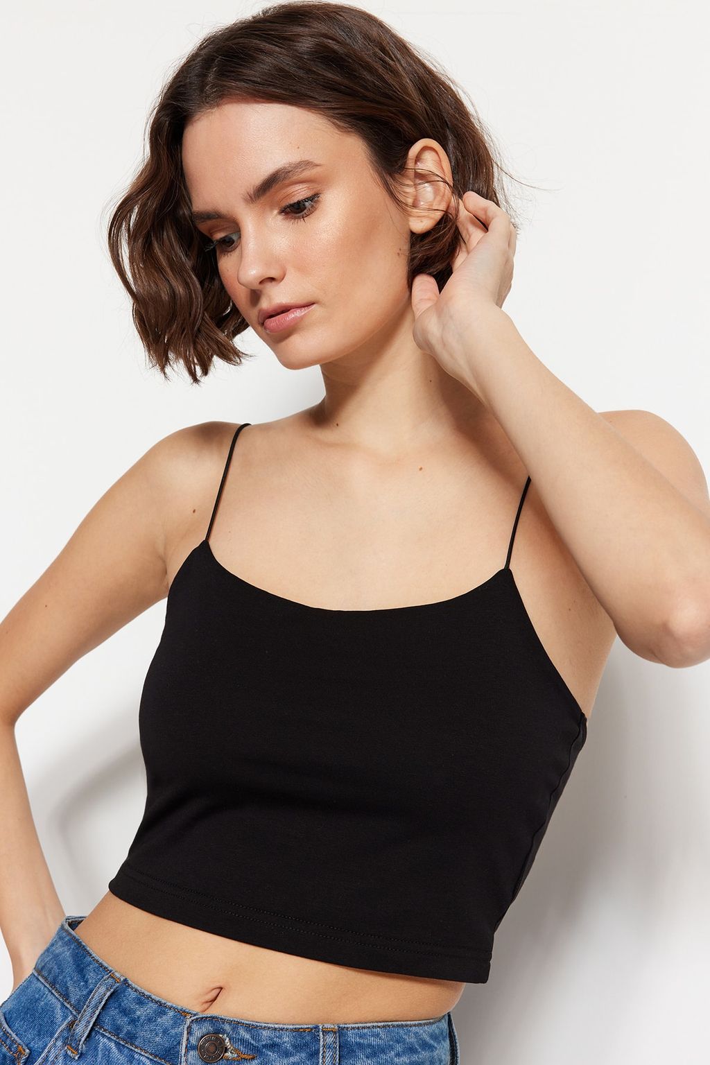 Siyah-Beyaz 2li Paket Pamuklu Spagetti Ask?l? Crop Esnek Orme Atlet TWOSS21AL0196