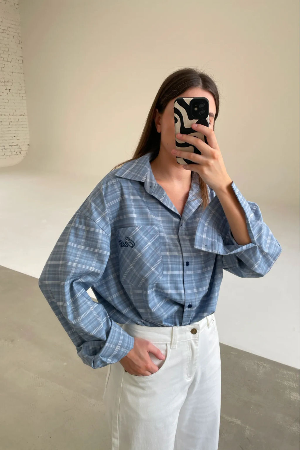 Рубашка в клетку с карманом Ледяной голубой - Erist store фото 3