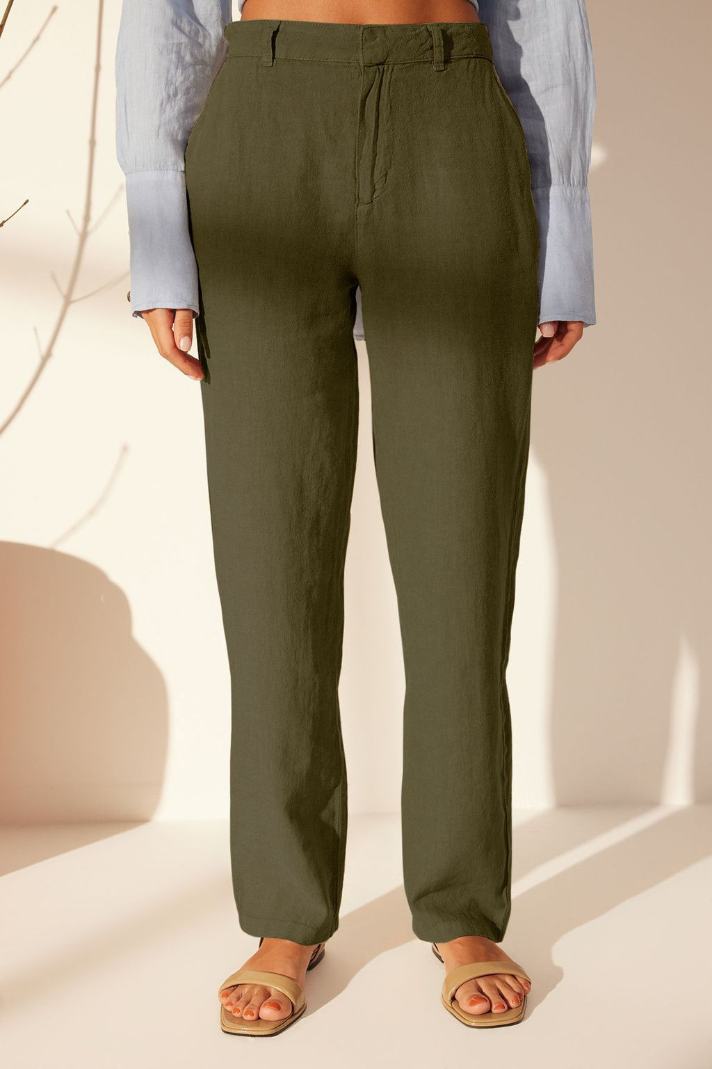 Haki %100 Keten Yuksek Bel Wide Leg Pantolon TWOSS24JE00246 - Trendyolmilla фото 9