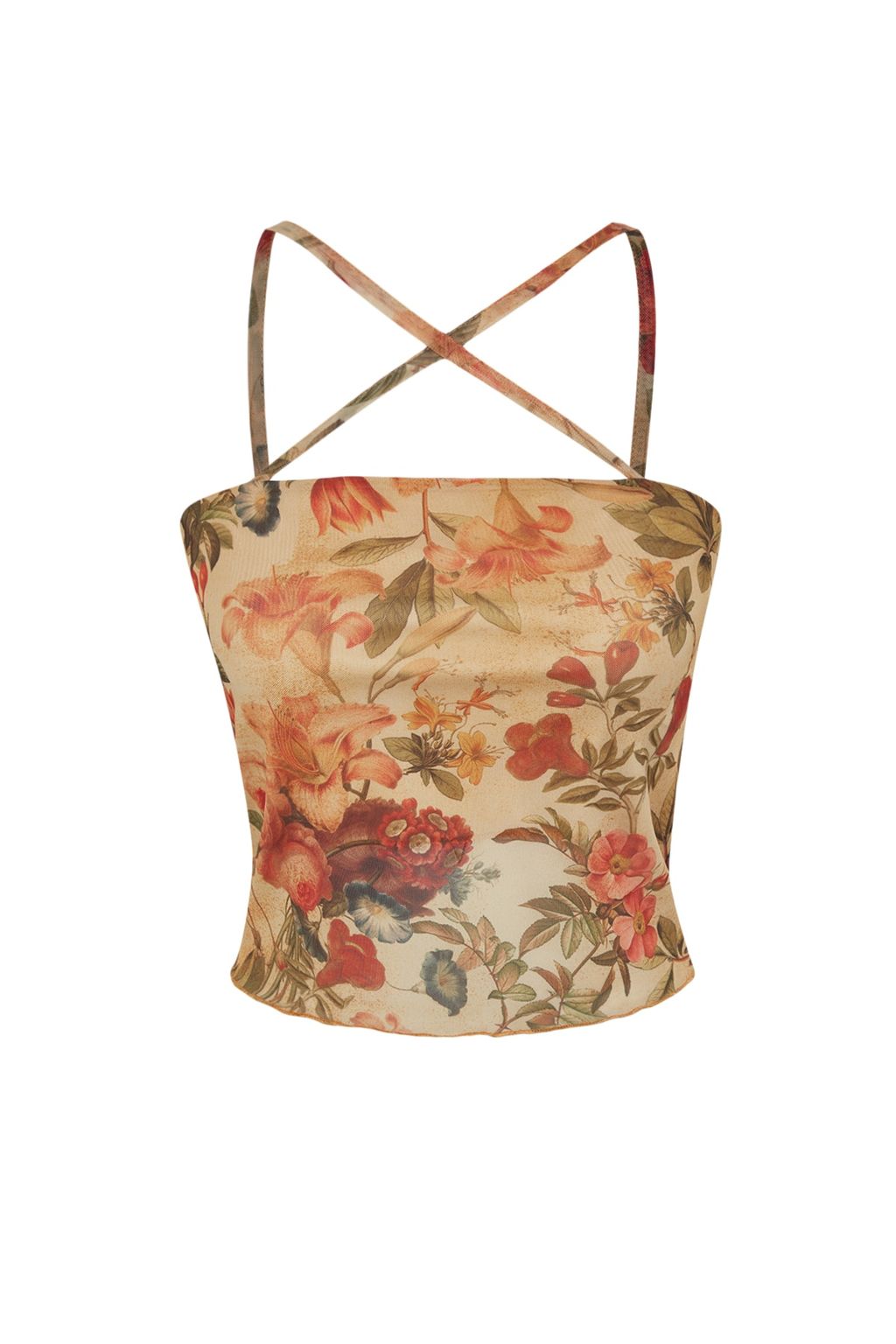 Cok Renkli Cicek Desenli Fitted/Vucuda Oturan Ask?l? Crop Astarl? Esnek Tul Orme Bluz TWOSS23BZ00710