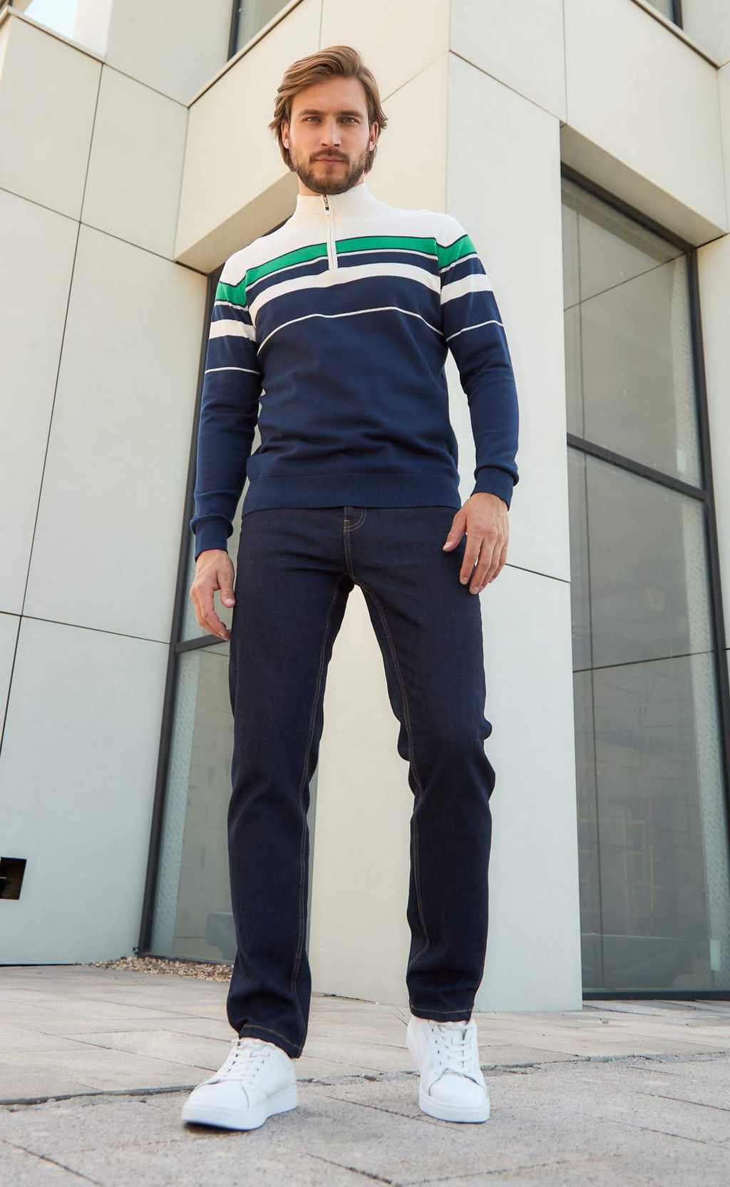 Джемпер мужской с воротом на молнии F221-15-1747 сине-зелёный