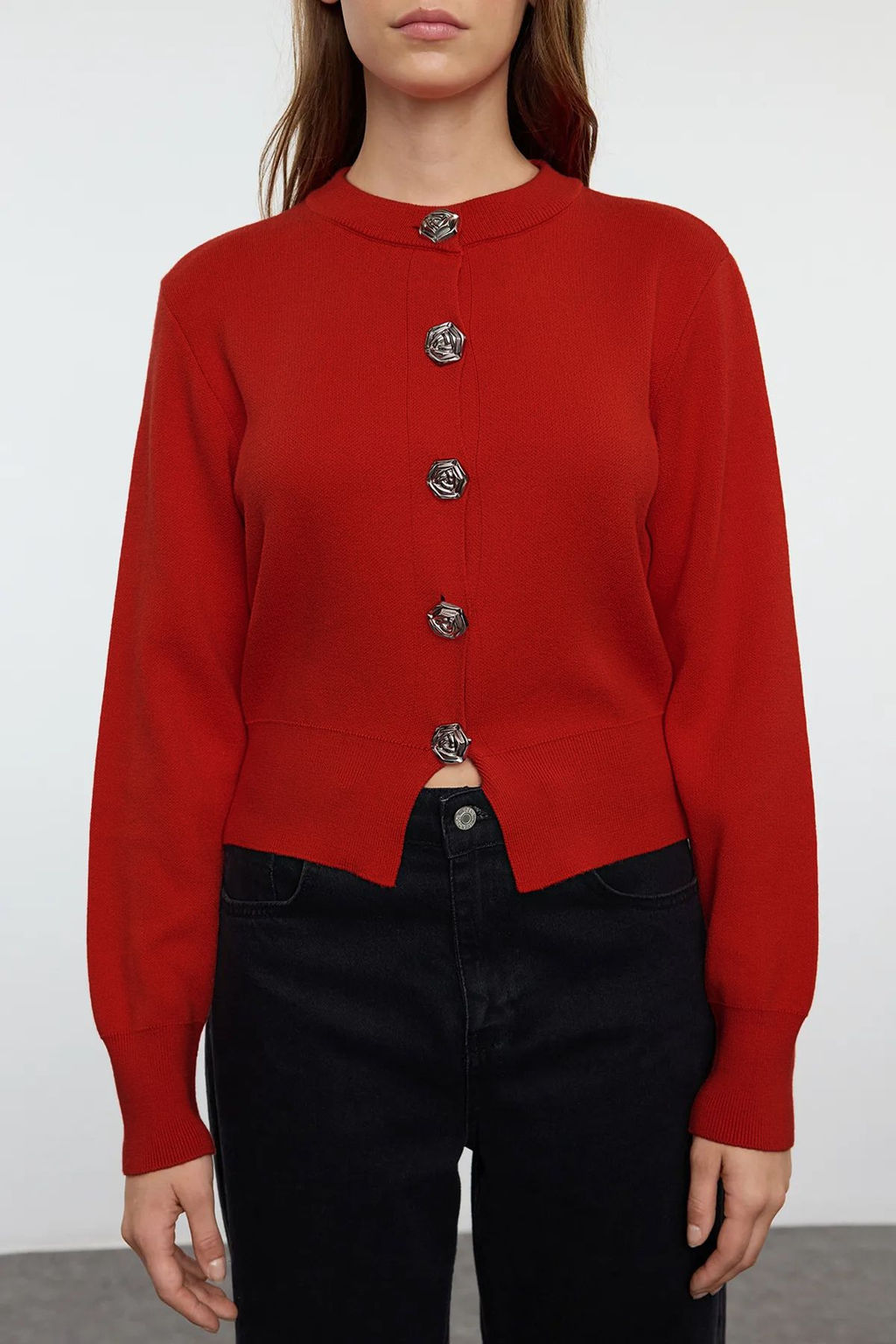 TRENDYOLMILLA Siyah Premium Iplik/Ozel Iplik Crop Gul Dugme Detayl? Ceket Gorunumlu Triko H?rka TWOAW25HI00110 фото 8