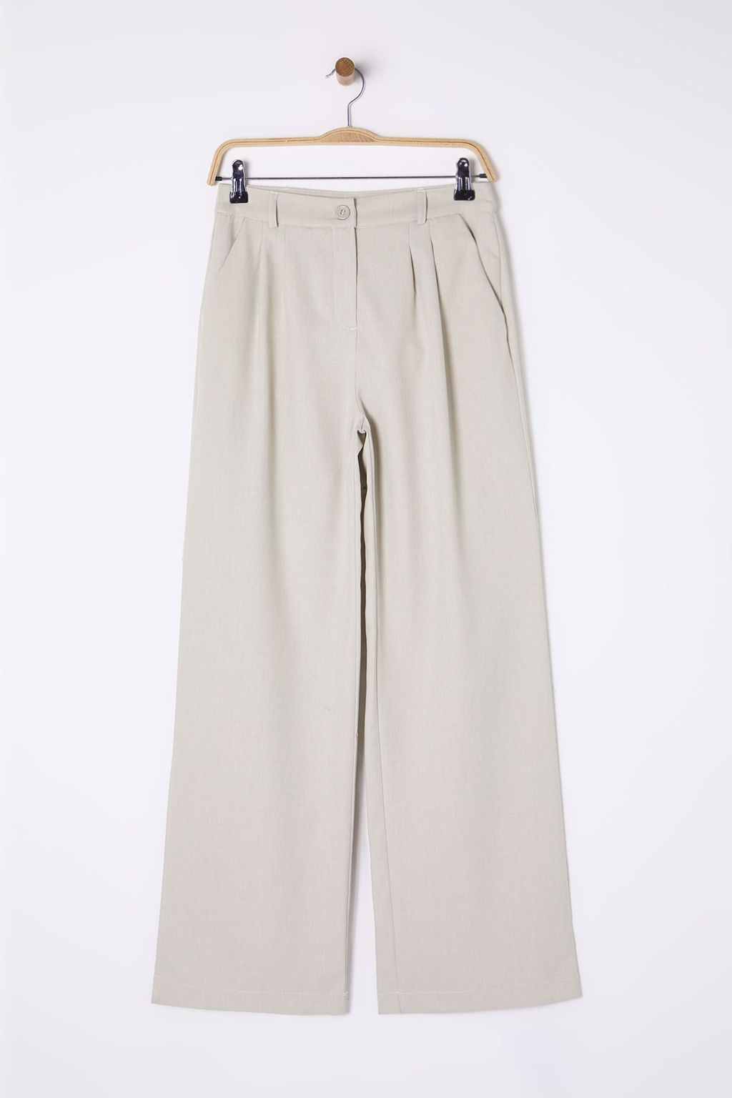 Bej Wide Leg/Genis Paca Pilili Dokuma Pantolon TWOAW22PL0475