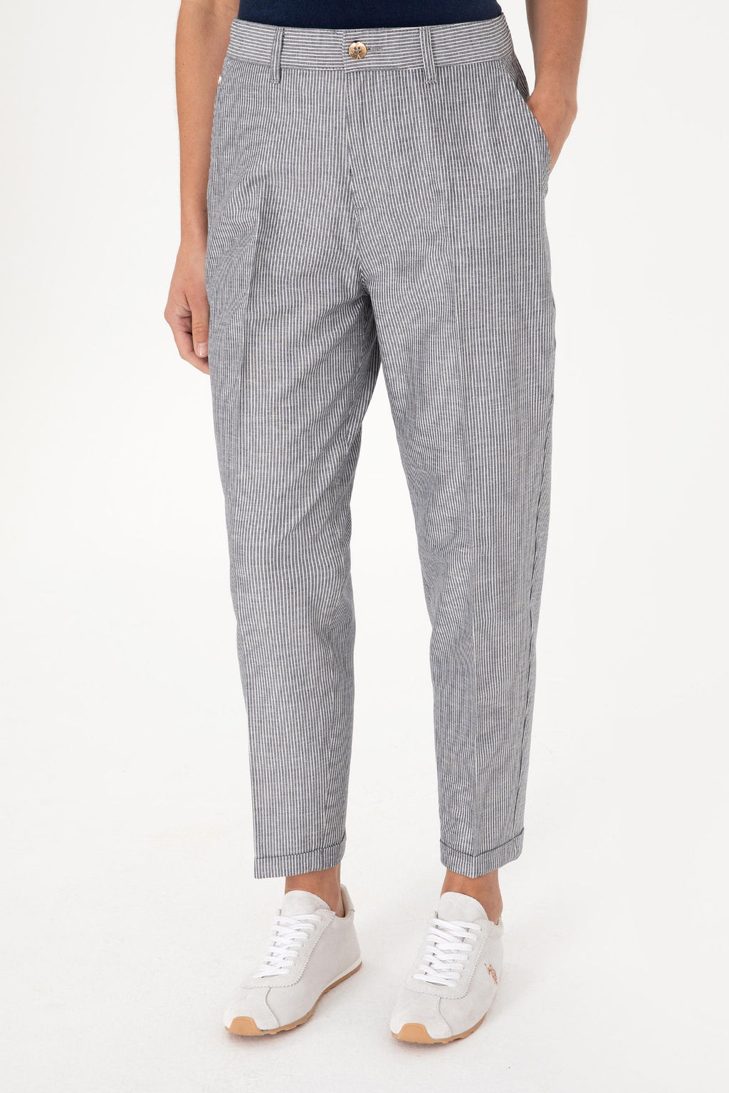 Kad_n Lacivert _izgili Keten Kar___ml_ Carrot Fit Kanvas Pantolon
