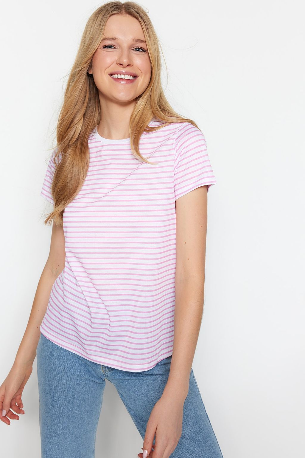 TRENDYOLMILLA Kahverengi-Bej-Haki Cizgili 3lu Paket Basic Bisiklet Yaka Orme T-Shirt TWOSS20TS0146 фото 35