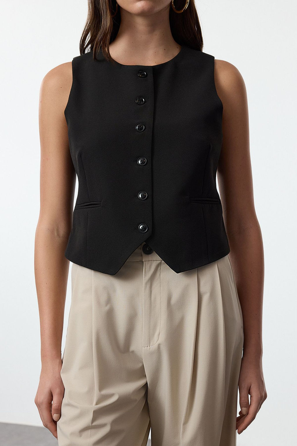 Siyah Fitted Crop Dokuma Yelek TWOAW25YE00055
