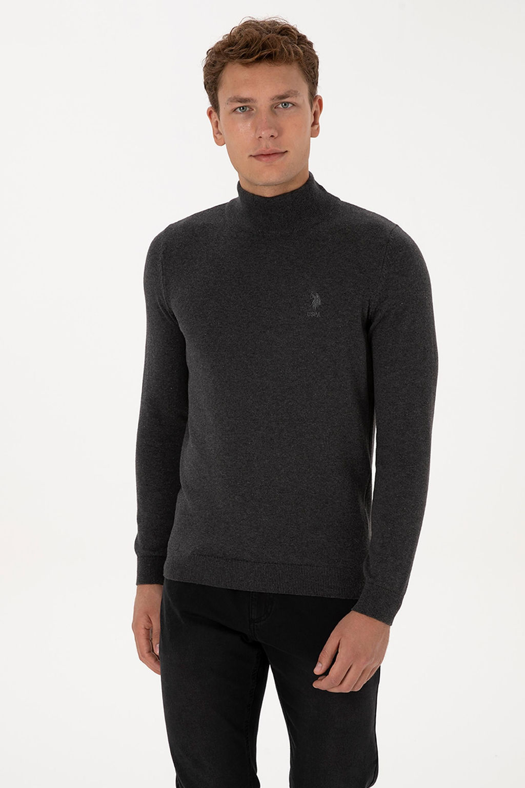 Erkek Slim Fit Yar_m Bo_azl_ Antrasit Melanj Basic Kazak - U.s. polo assn фото 3