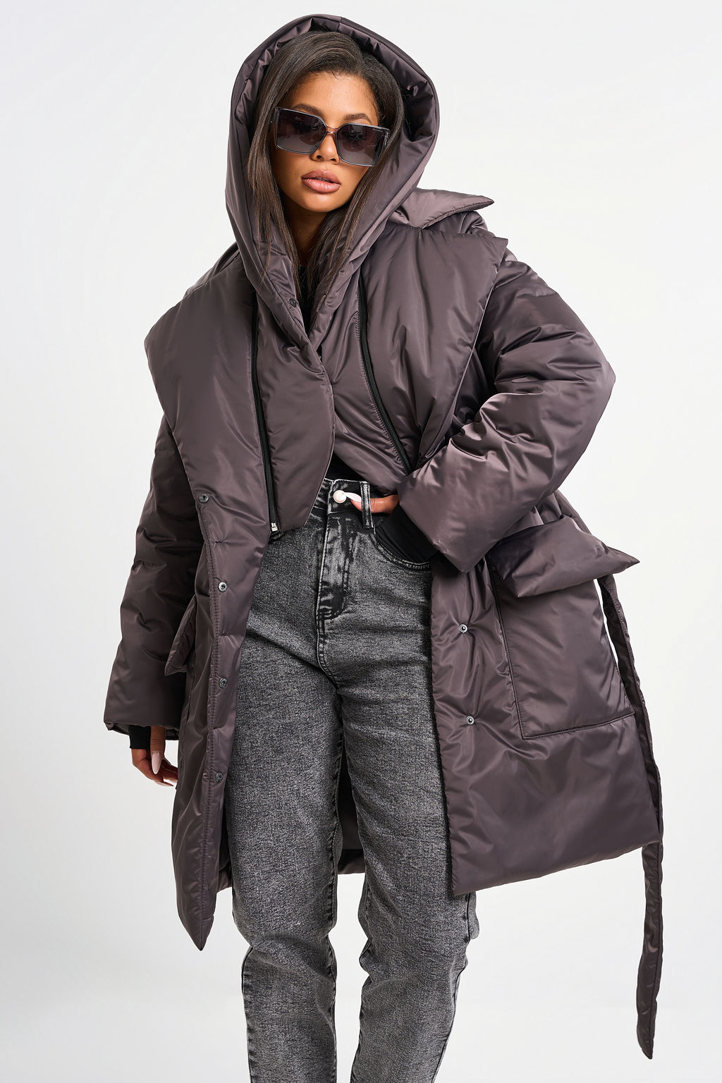 Куртка удлиненная со съемным капюшоном шоколад