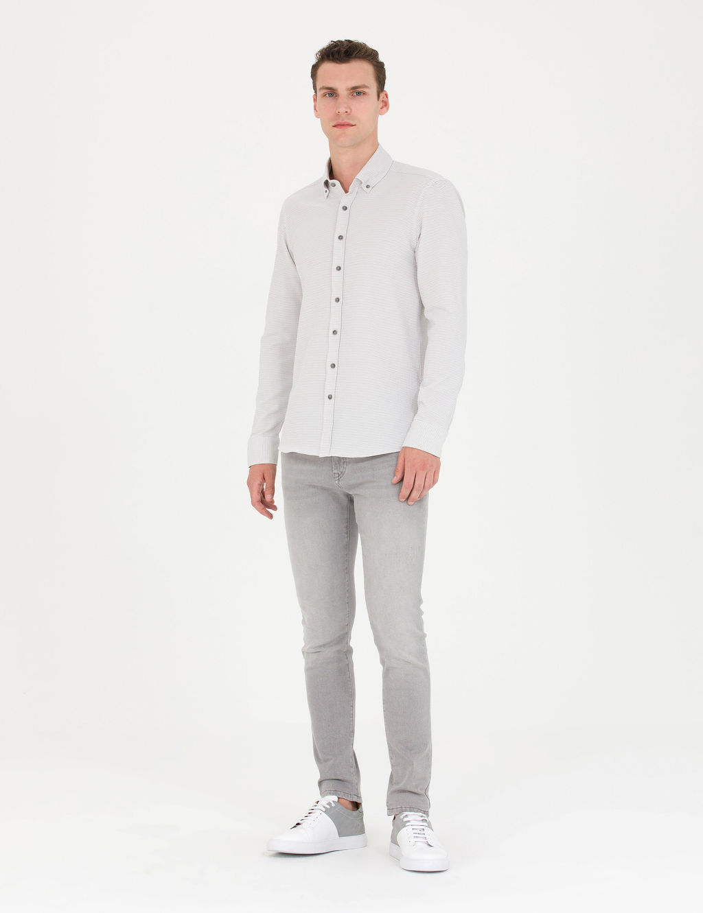 Рубашка Pierre Cardin Slim Fit светло-серая с длинным рукавом