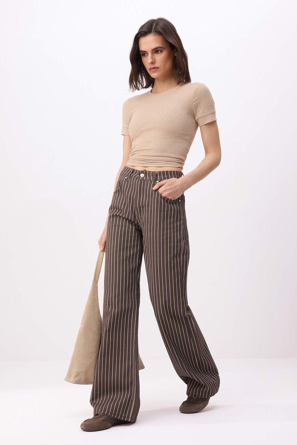 Kahverengi Cizgili Yuksek Bel %100 Pamuk Wide Leg Jeans TWOSS26JE00305 - Trendyolmilla фото 2