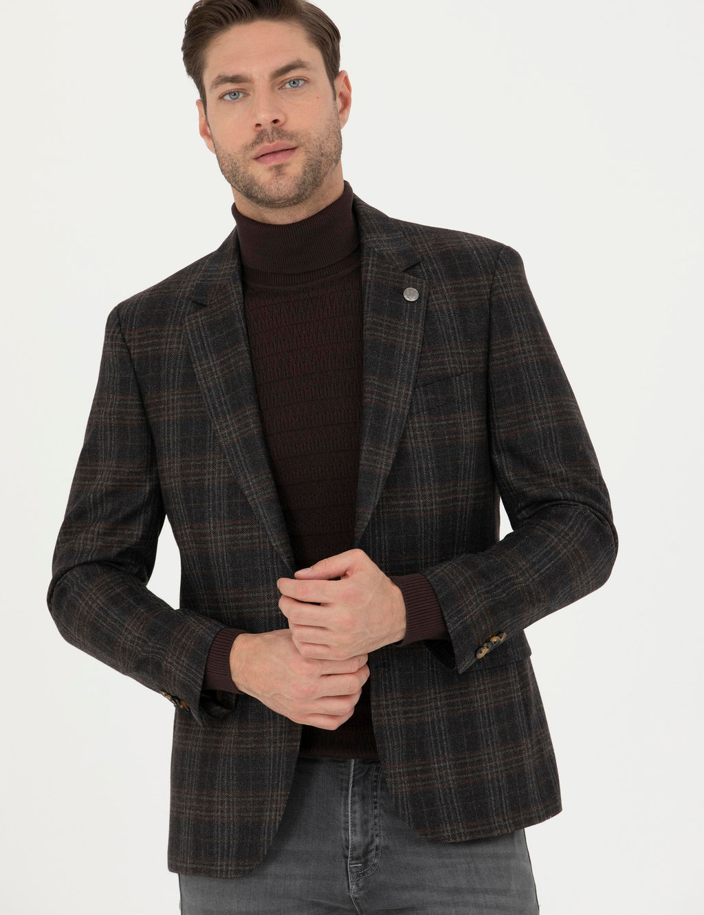 Kahverengi Slim Fit Y_n Ekose Ceket