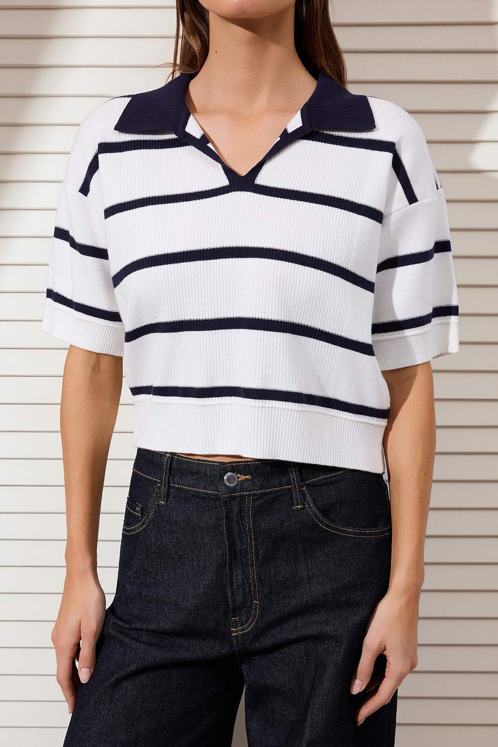 Lacivert Polo Yaka Cizgili Triko Bluz TWOSS26BZ00121