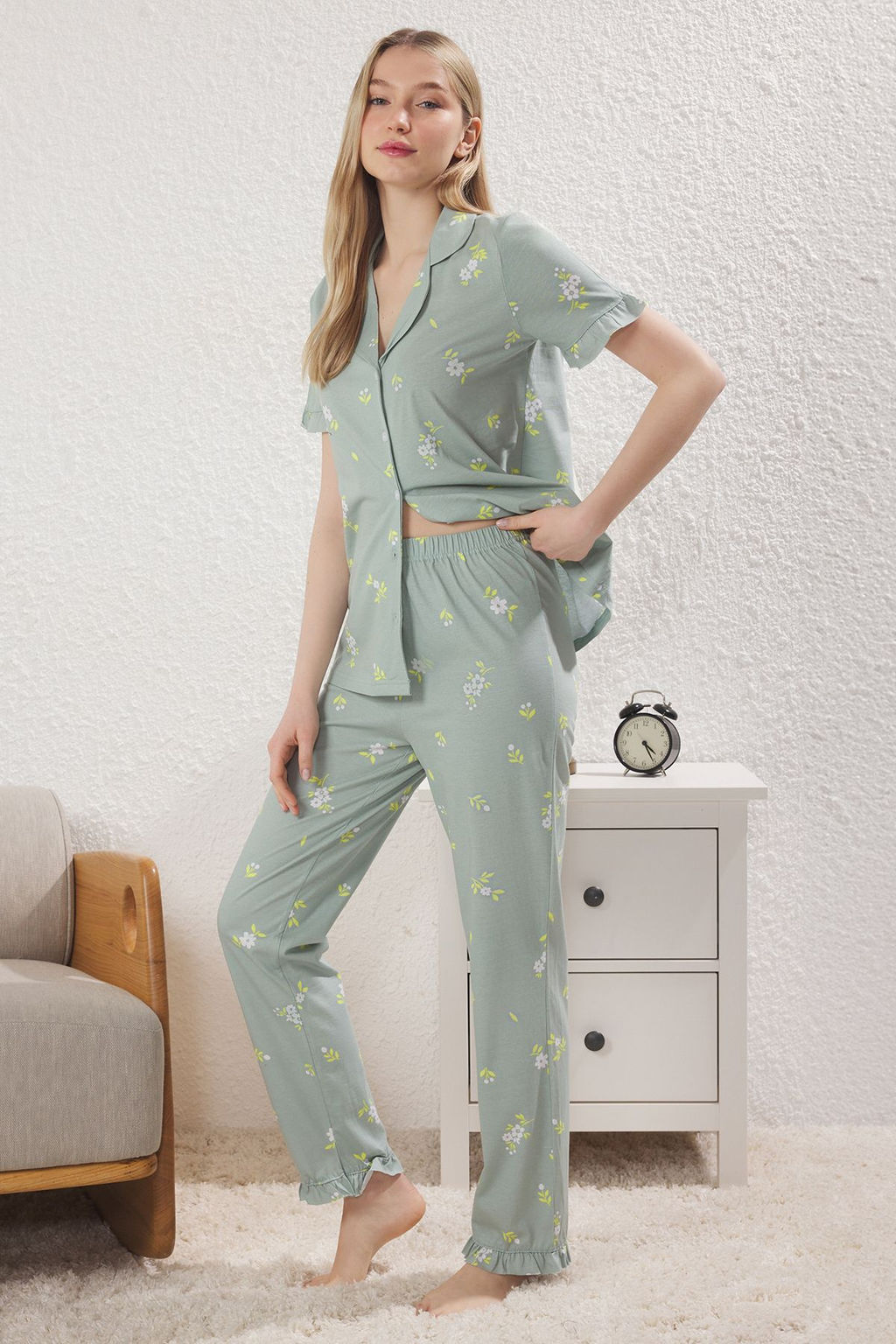 Trendyolmilla Mint %100 Pamuklu Cicekli F?rf?rl? Orme Pijama Tak?m? THMSS24PT00227  фото 17