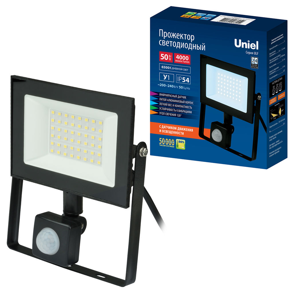 ULF-F62-50W/6500K SENSOR IP54 200-240В BLACK Прожектор светодиодный с датчиком движения и освещенности. Дневной свет (6500K). Корпус черный. TM Uniel