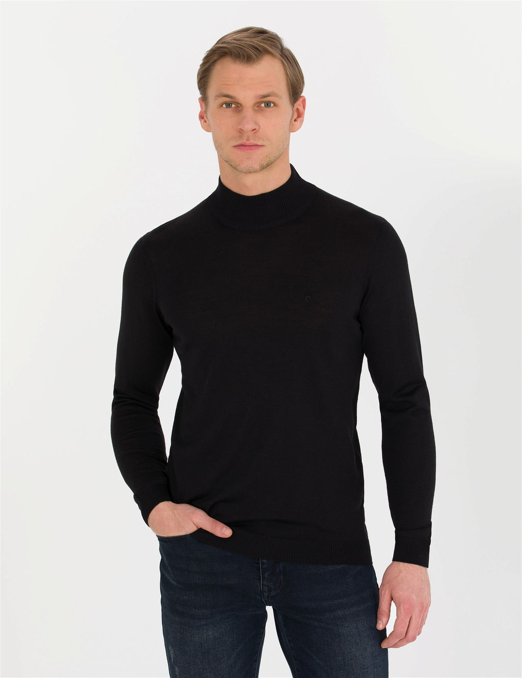 Siyah Slim Fit Yar_m Bal_k__ Yaka Y_n Kar___ml_ Basic Triko Kazak - Pierre cardin фото 4