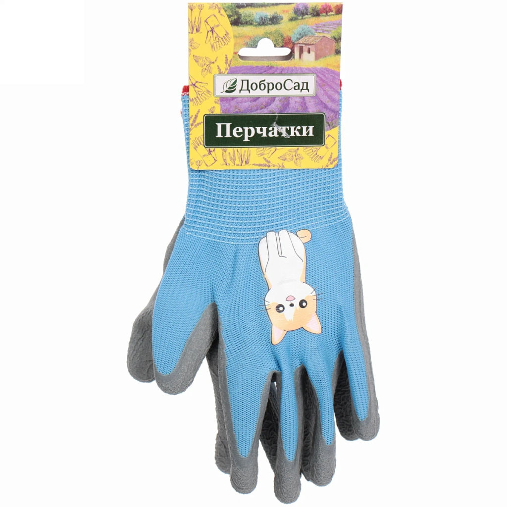 Цена за 2 шт. Перчатки нейлоновые детские "Little gardener-Котик" с полиуретановым покрытием полуоблитые, голубые M р-р ДоброСад