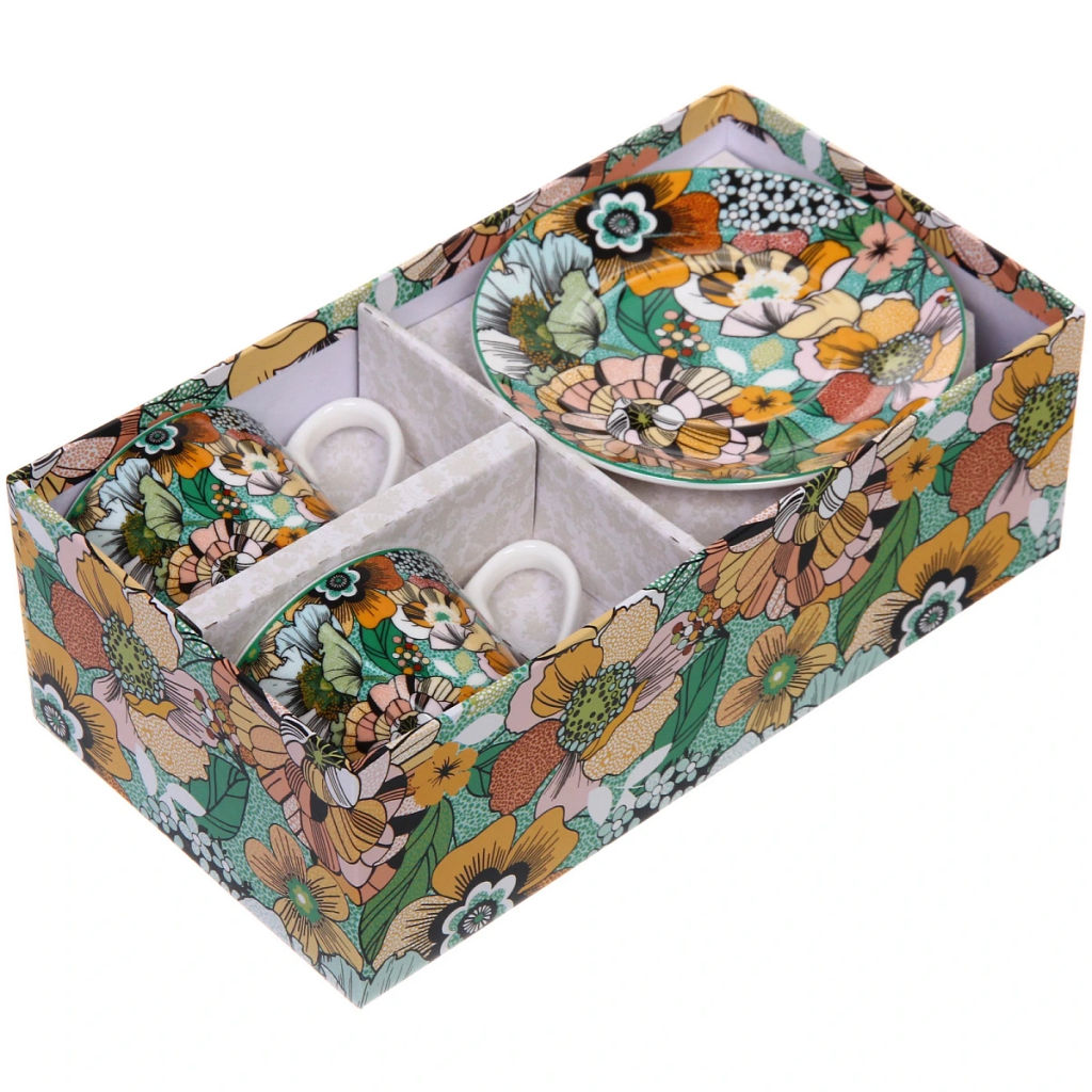 Кофейный набор 4 предмета "Цветочная радуга" (2 кружи 120мл+2 блюдца)