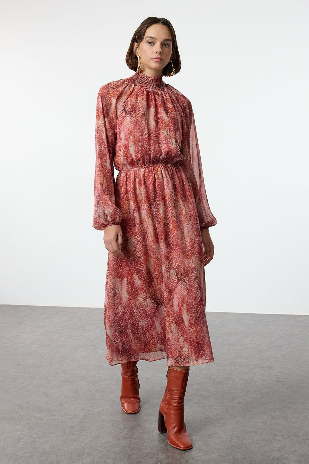 TRENDYOLMILLA Kiremit Sal Desen Gipeli Midi Astarl? Dokuma K?sl?k Elbise TWOAW25EL00142  фото 2