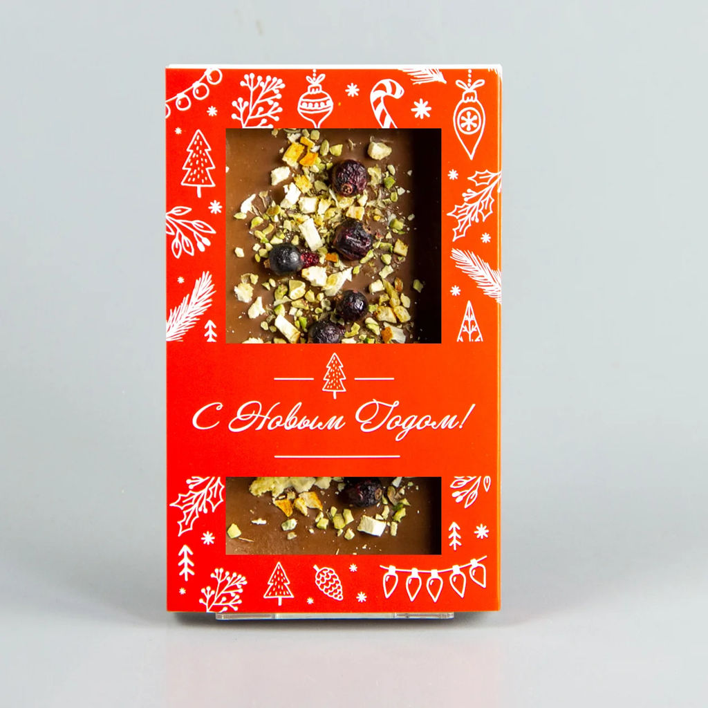 Молочный шоколад с апельсином, чёрной смородиной и фисташками, красная коробочка #4, 85гр
