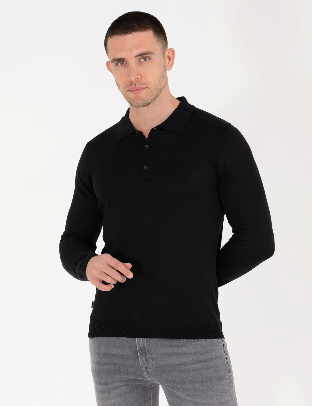 Siyah Slim Fit Polo Yaka Y_n Kar___ml_ Basic Triko Kazak