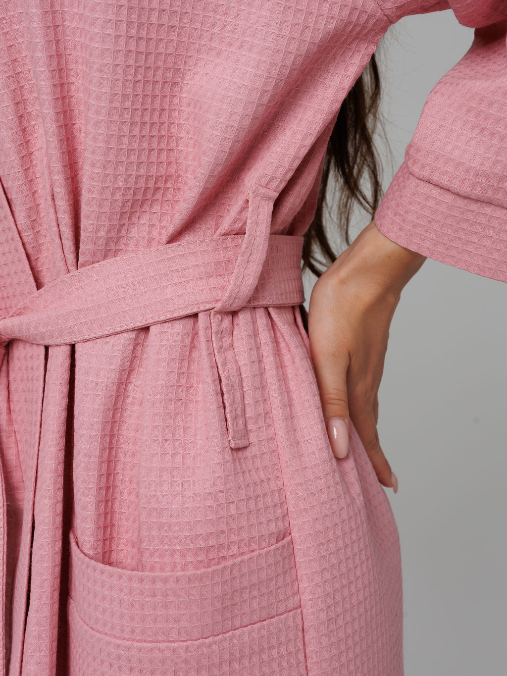 Женский укороченный вафельный халат с планкой пудрово-розовый В-11 (102) - Росхалат фото 7