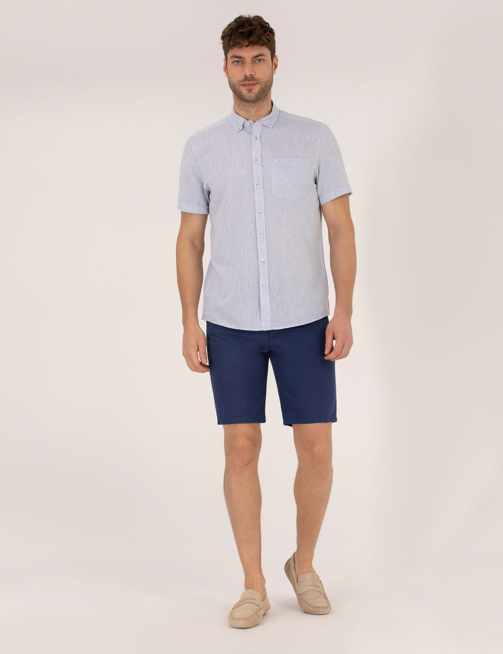 _ndigo Slim Fit Keten Kar___ml_ Beli Lastikli Bermuda _ort