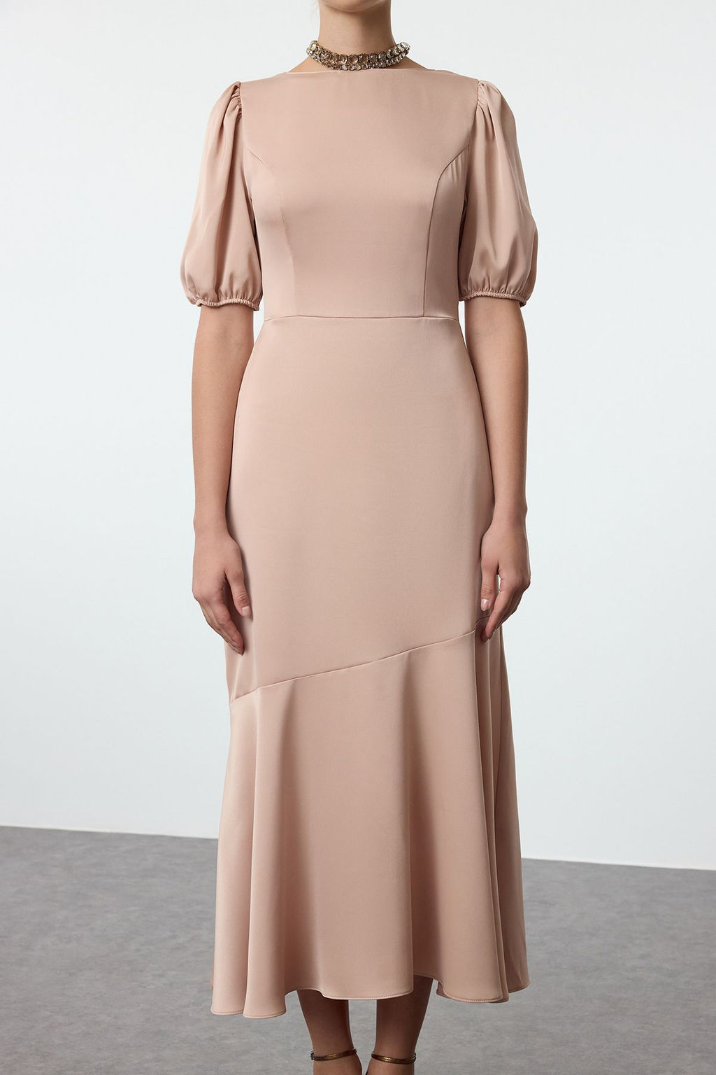 Bej A-Kesim Saten Abiye Gece Mezuniyet Elbisesi TPRSS24EL00286 - Trendyolmilla фото 3