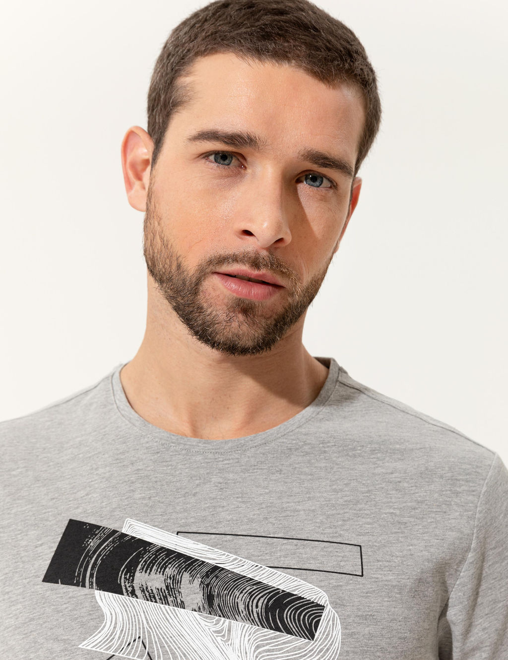 A__k Gri Melanj Slim Fit Bask_l_ Bisiklet Yaka Ti__rt