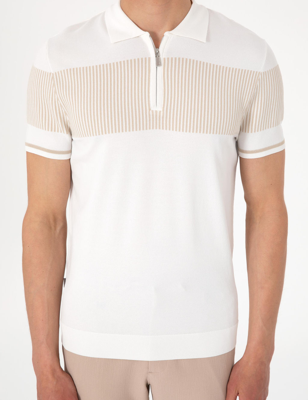 Ekru Slim Fit Fermuarl_ Polo Yaka Triko Ti__rt