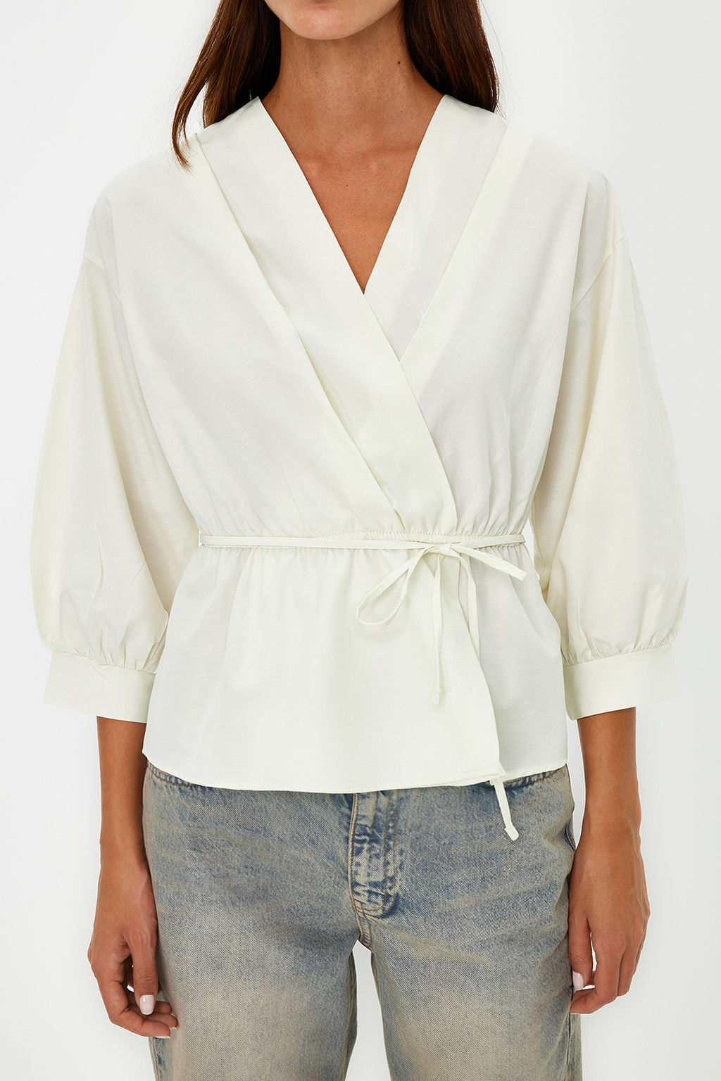 Trendyolmilla Camel Kruvaze Dokuma Baglama Detayl? Bluz TWOSS21BZ0287  фото 10