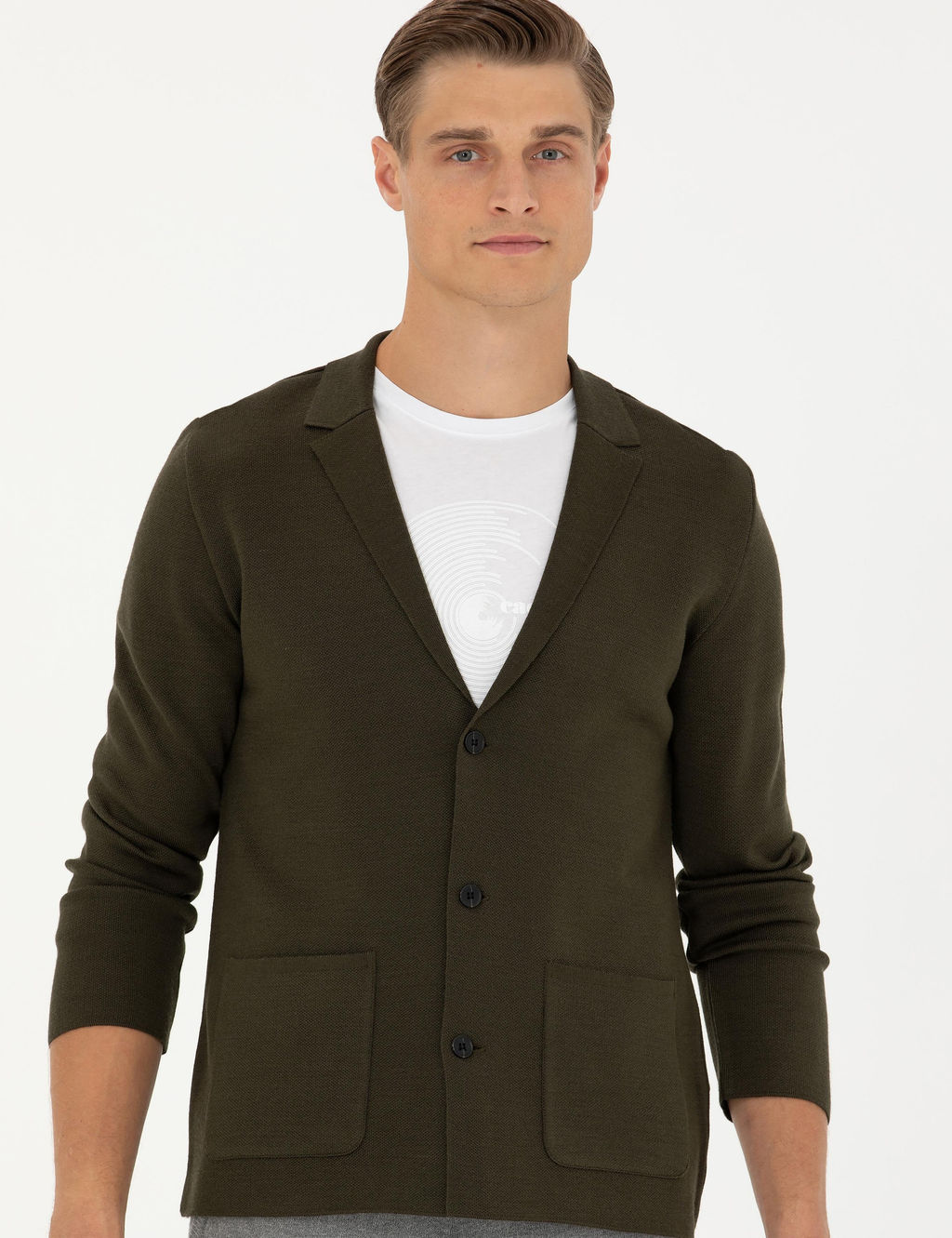 Трикотажный кардиган приталенного кроя цвета хаки с V-образным вырезом - Cacharel фото 3