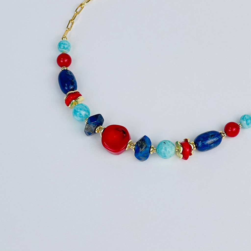 Колье из Коралла, Лазурита и Амазонита 40 см +