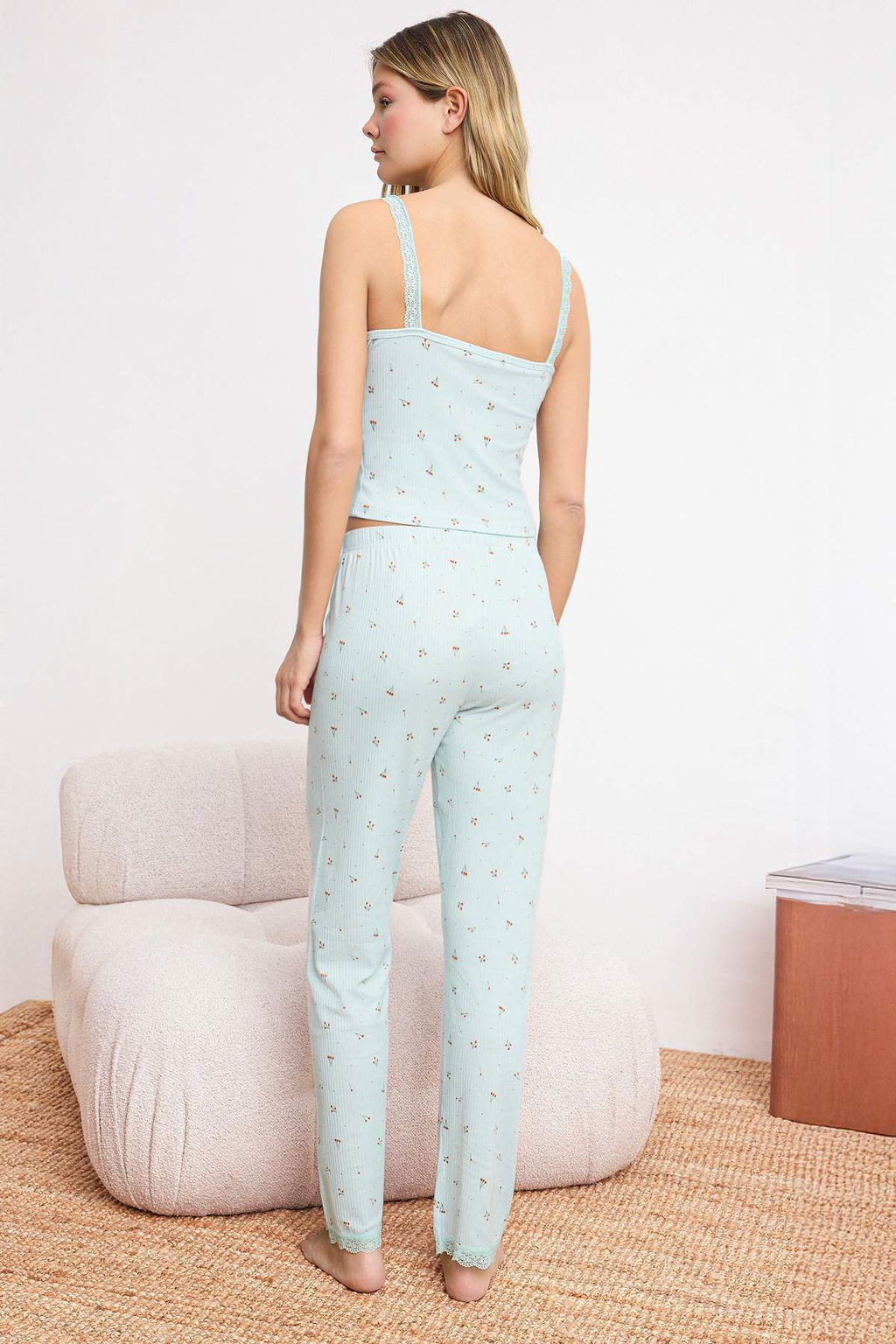 Mint Cicek Desenli Dantelli Fitilli Orme Pijama Tak?m? THMSS26PT00084