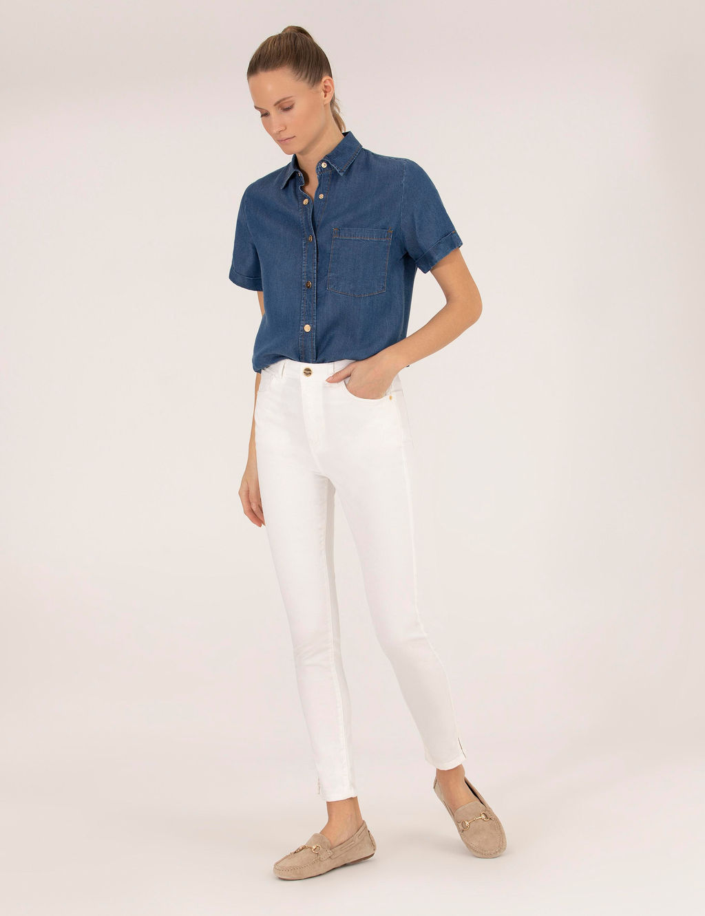 Ekru Skinny Fit Kanvas Pantolon