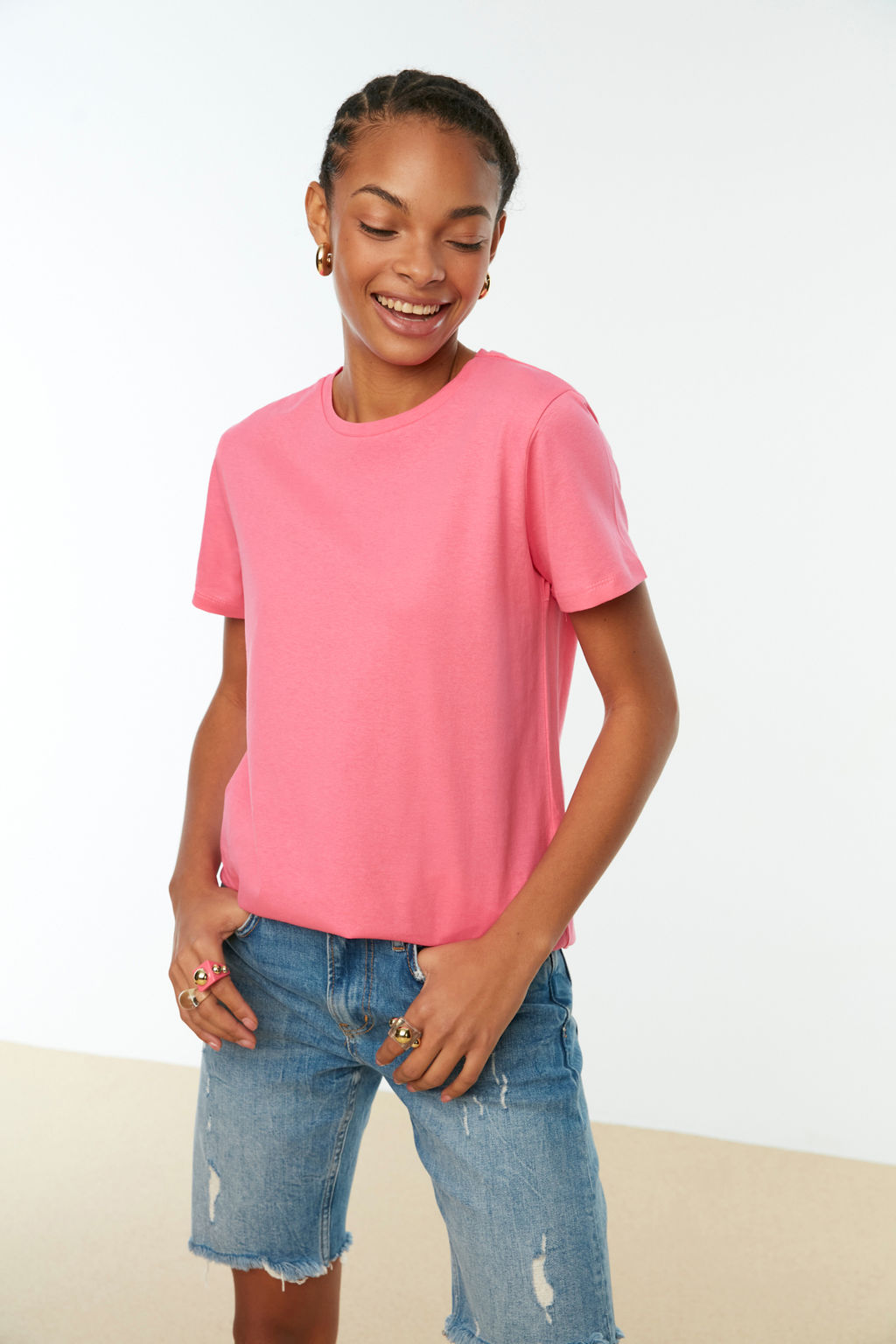 Indigo-Pembe %100 Pamuk 2li Paket Basic Bisiklet Yaka Orme T-Shirt TWOSS20TS0141