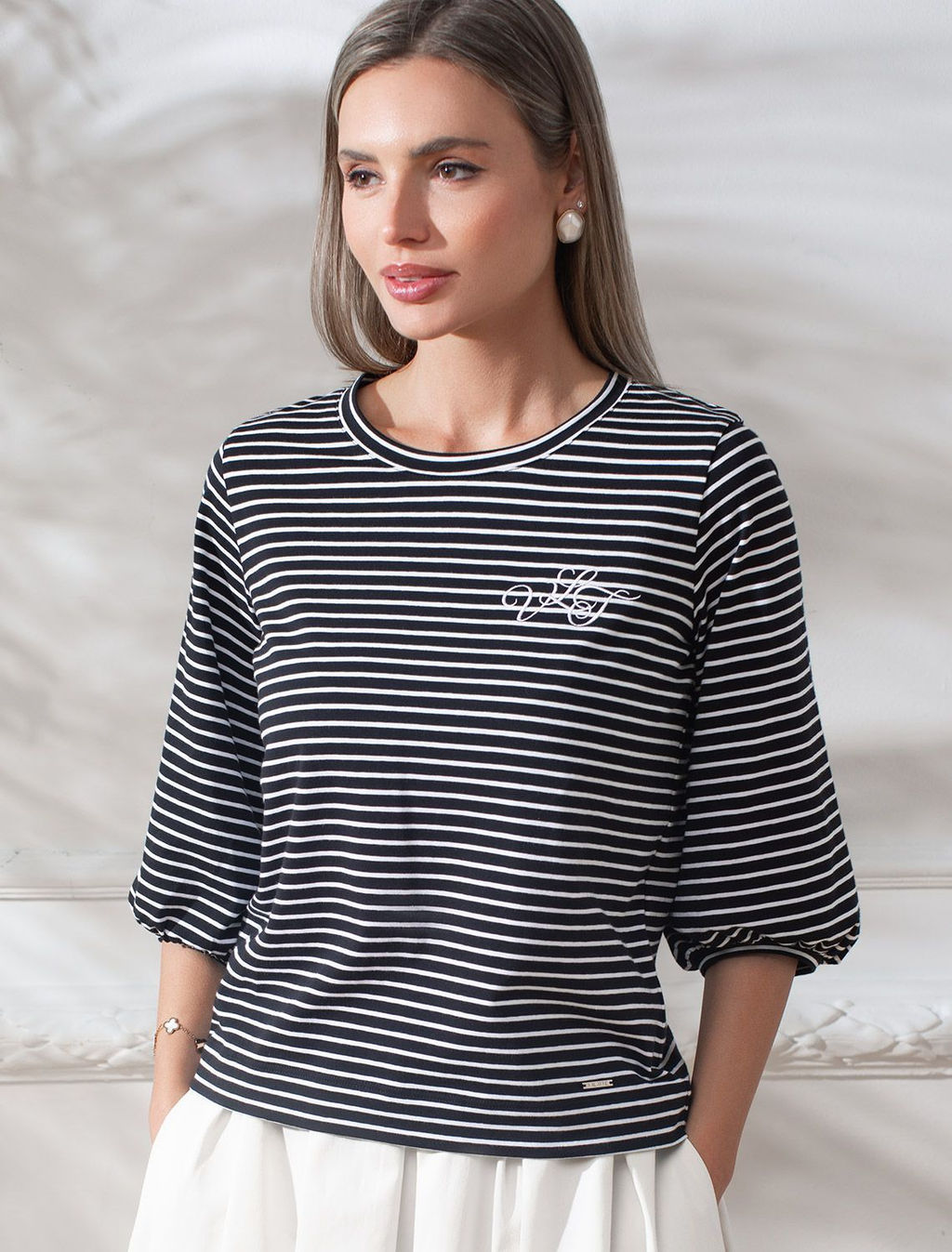 Лонгслив в полоску с рукавами-буфами из премиального хлопка с эластаном