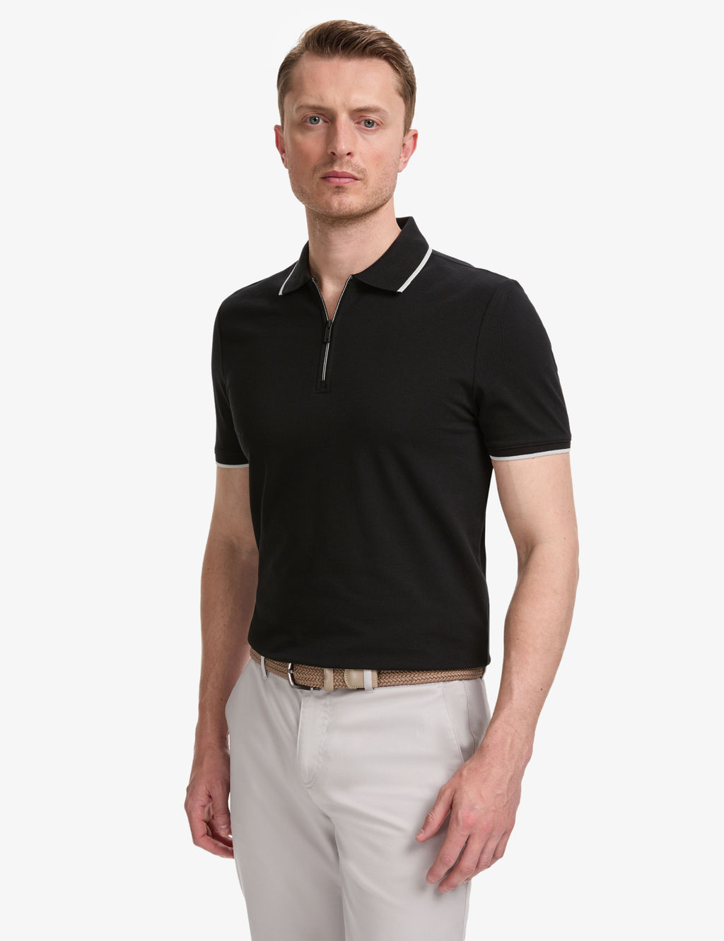 Siyah Slim Fit %100 Pamuk Fermuarl_ Polo Yaka Ti__rt