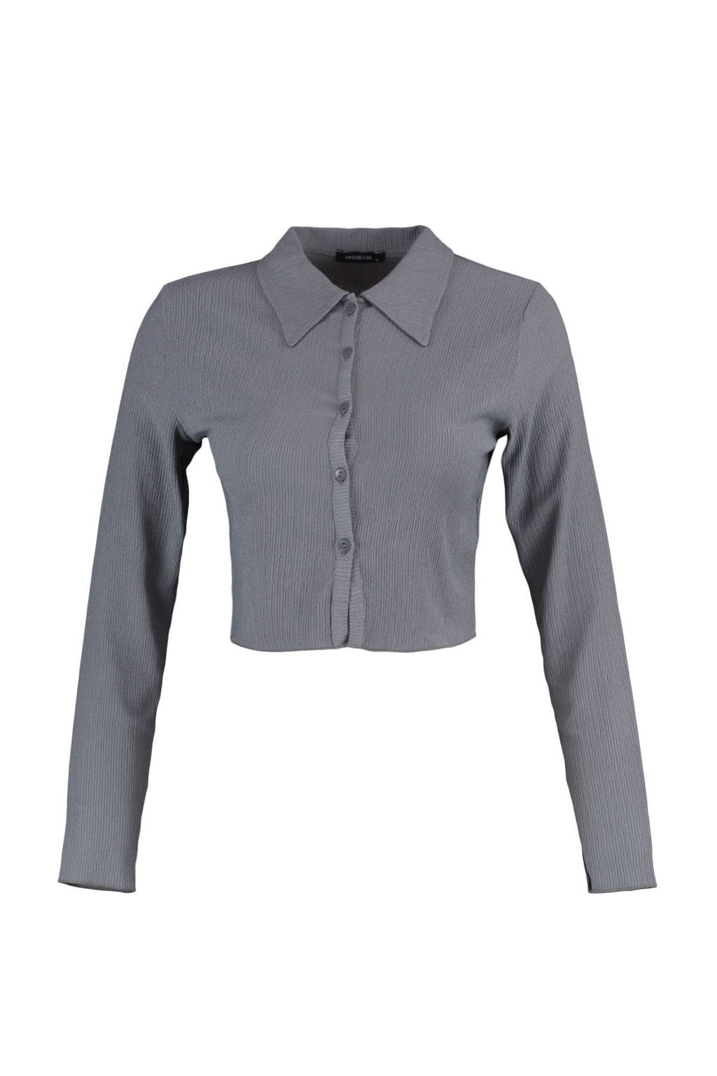 Gri Dugmeli Fitted/Vucuda Oturan Polo Yaka Burumcuk/Dokulu Crop Orme Bluz TWOAW22BZ0241 - Trendyolmilla фото 4