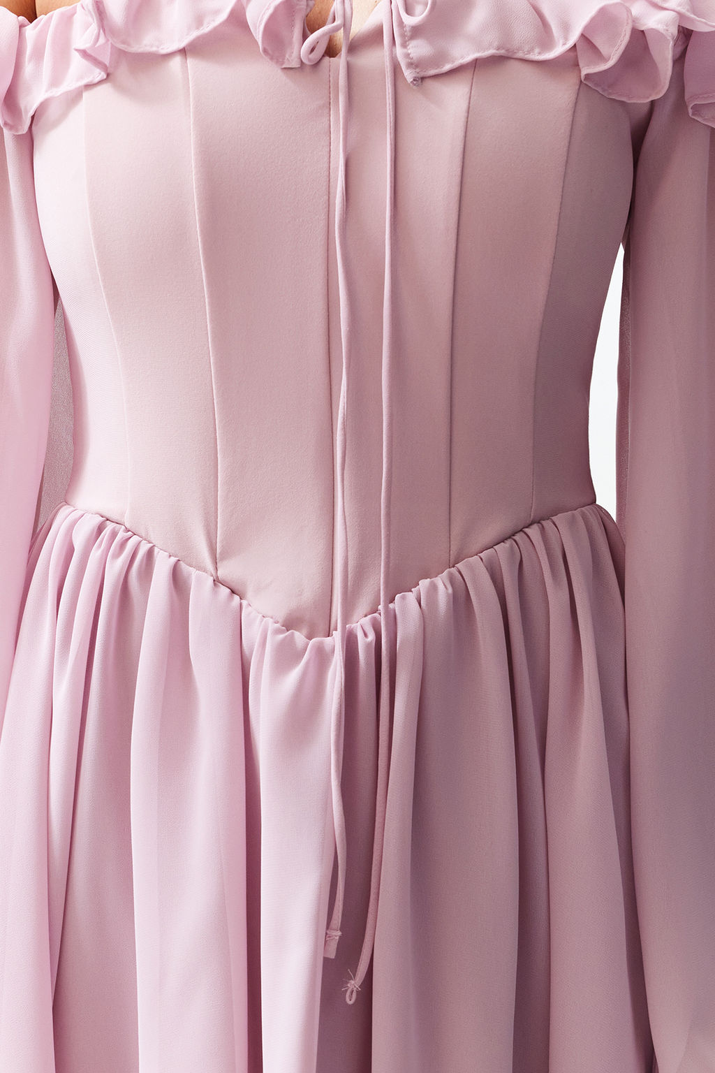 TRENDYOLMILLA Bridal Ekru A-Kesim Astarl? Volanl? Dokuma Sifon K?sa Dugun/Nikah S?k Abiye Elbise TPRSS23EL00096 фото 5